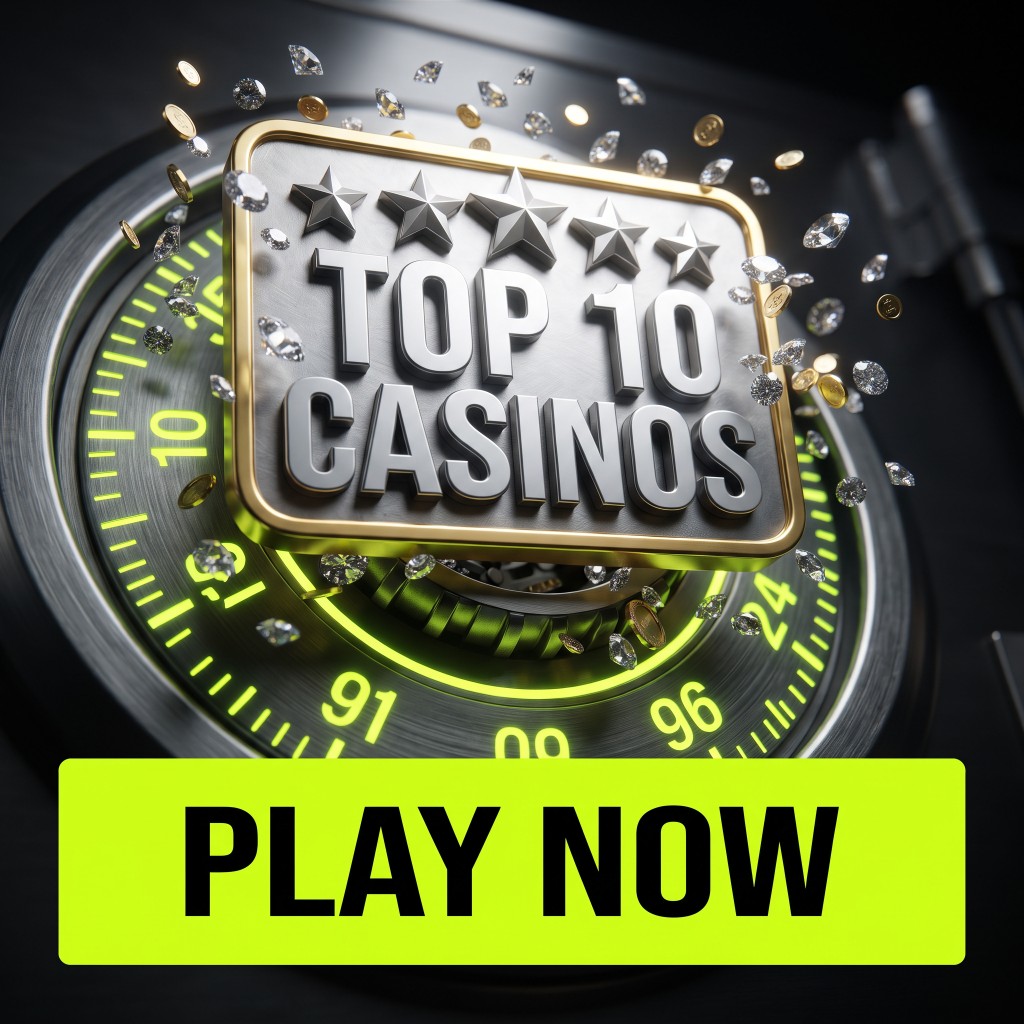 Top 10 Casinos badge on a vault dial with diamonds, gold coins and a bright green Play Now button